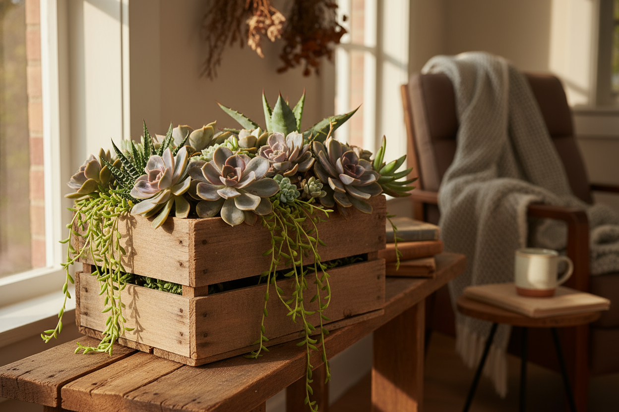 generami un'immagine con orientamento orizzontale che abbia una cassetta in legno con dentro piante grasse. l'ambientazione deve essere quella